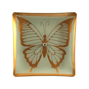 Incensário de Vidro Quadrado Borboleta Branco e Dourado