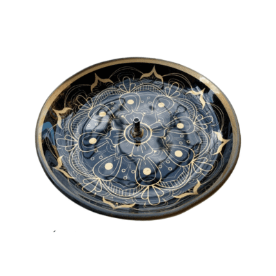 Incensário de Vidro Redondo Mandala Preto e Dourado