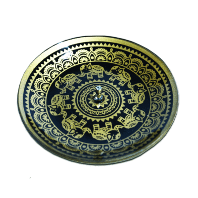 Incensário de Vidro Redondo Elefantes da Sorte Preto e Dourado