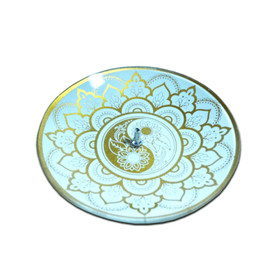 Incensário de Vidro Redondo Yin Yang Branco e Dourado