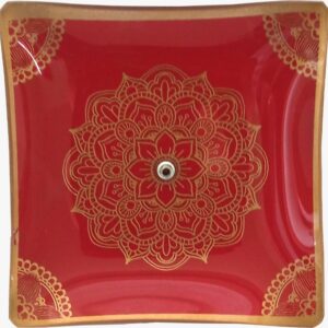 Incensário de Vidro Quadrado Mandal Dourado e Vermelho