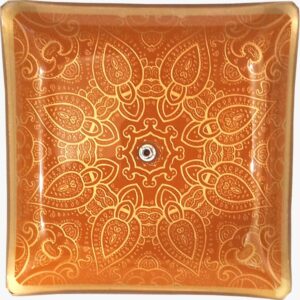 Incensário de Vidro Quadrado Mandal Dourado e Laranja