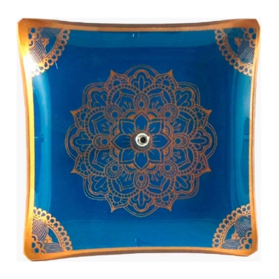 Incensário Mandala Azul Dourado Vidro