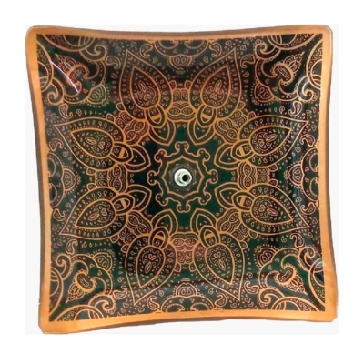 Incensário de Vidro Quadrado Mandal Verde e Dourado