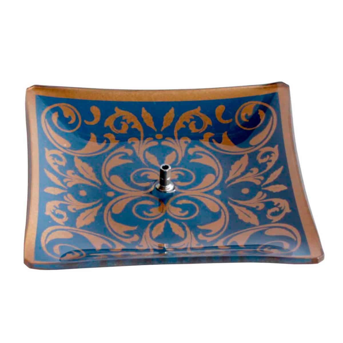 Incensário de Vidro Quadrado Mandal Azul e Dourado
